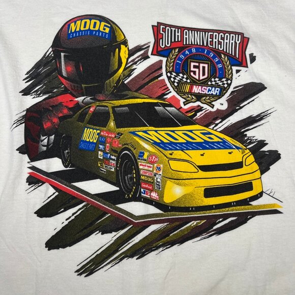 Vintage White Nascar 50th Anniversary Moog Chasis Parts Hanes T Shirt Mens L - Picture 13 of 15